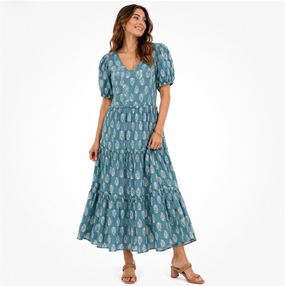 Lucky Brand Feather Print Tiered Maxi Dress Sz L